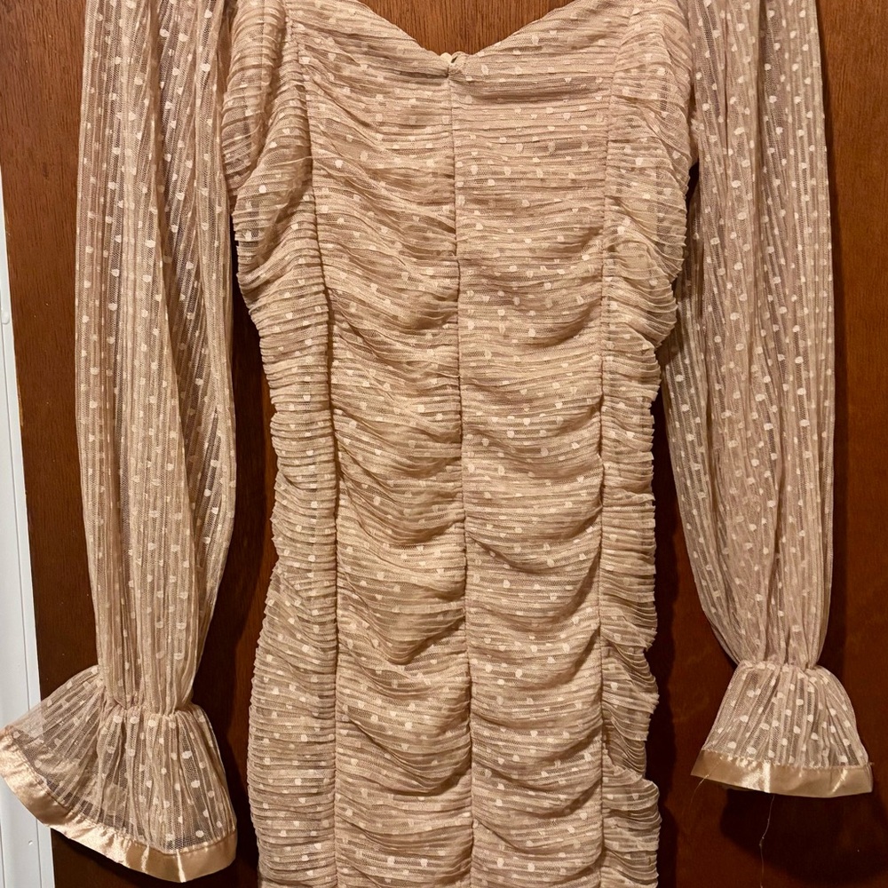 Tan Ruched Bodycon Dress with Bishop Sleeves